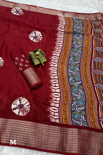 Classic Maroon Digital Printed Dola Silk Saree With Bewitching Blouse Piece