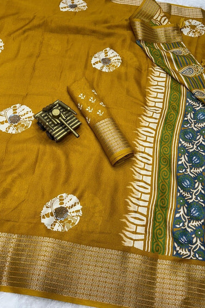 Elision Mustard Digital Printed Dola Silk Saree With Moiety Blouse Piece