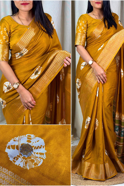 Elision Mustard Digital Printed Dola Silk Saree With Moiety Blouse Piece