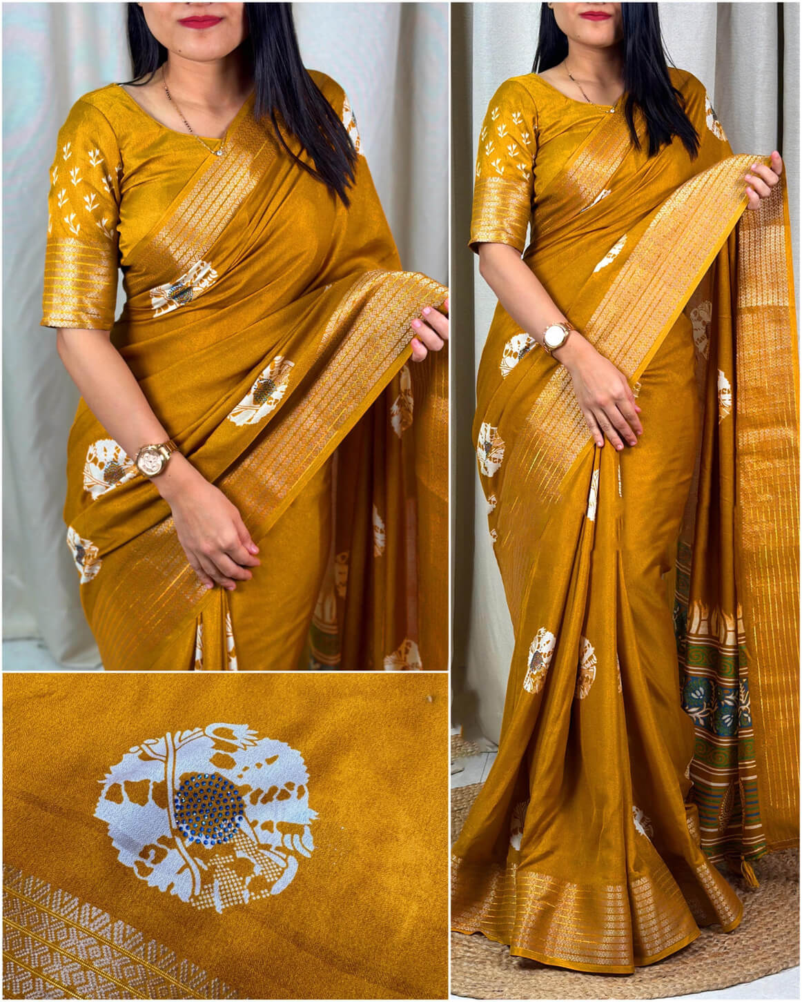 Elision Mustard Digital Printed Dola Silk Saree With Moiety Blouse Piece