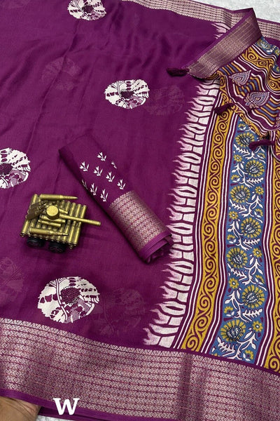Woebegone Purple Digital Printed Dola Silk Saree With Incredible Blouse Piece