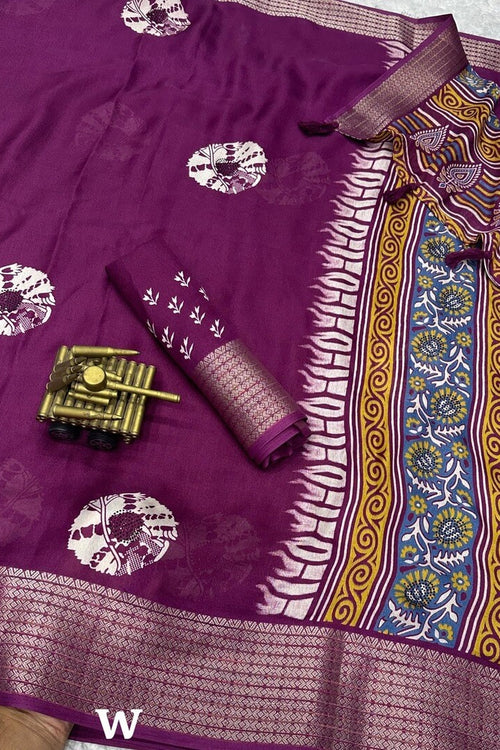 Load image into Gallery viewer, Woebegone Purple Digital Printed Dola Silk Saree With Incredible Blouse Piece
