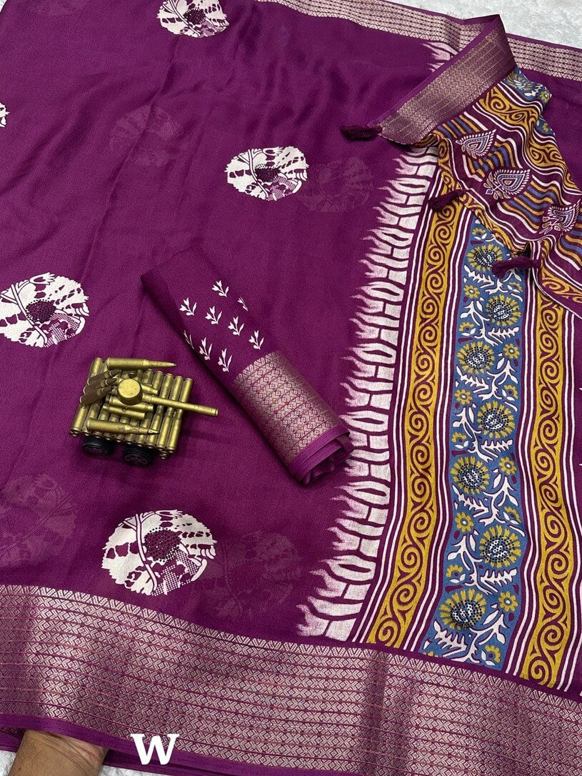 Woebegone Purple Digital Printed Dola Silk Saree With Incredible Blouse Piece