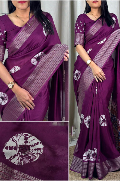 Woebegone Purple Digital Printed Dola Silk Saree With Incredible Blouse Piece