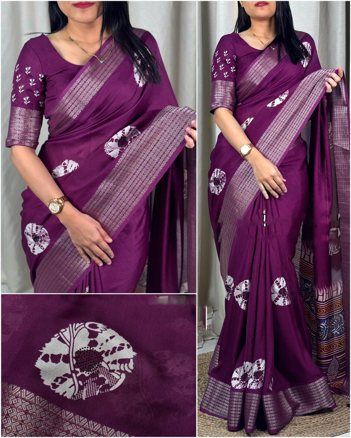 Woebegone Purple Digital Printed Dola Silk Saree With Incredible Blouse Piece