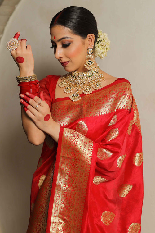 Load image into Gallery viewer, Fairytale Red Soft Silk Saree With Ailurophile Blouse Piece
