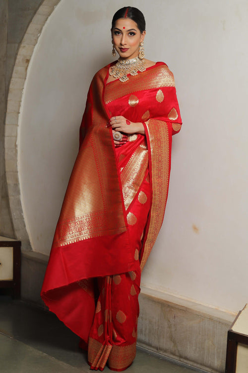 Load image into Gallery viewer, Fairytale Red Soft Silk Saree With Ailurophile Blouse Piece
