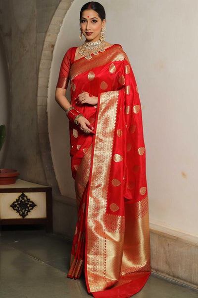 Fairytale Red Soft Silk Saree With Ailurophile Blouse Piece