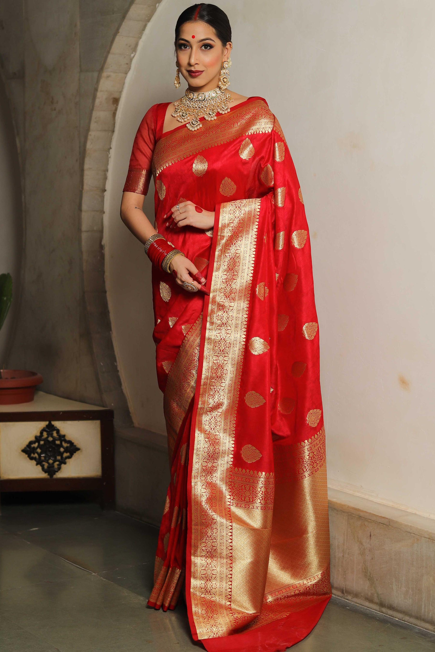 Fairytale Red Soft Silk Saree With Ailurophile Blouse Piece