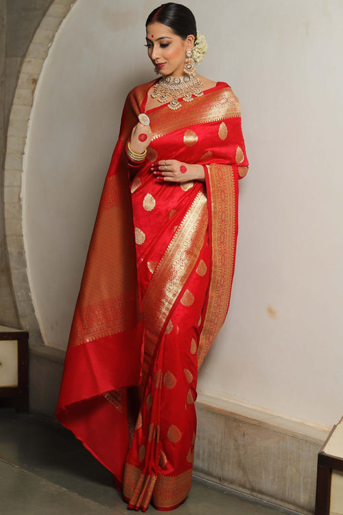 Load image into Gallery viewer, Fairytale Red Soft Silk Saree With Ailurophile Blouse Piece
