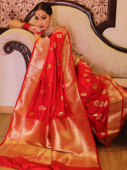 Fairytale Red Soft Silk Saree With Ailurophile Blouse Piece