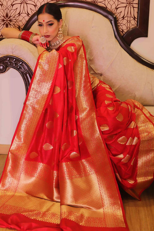 Load image into Gallery viewer, Fairytale Red Soft Silk Saree With Ailurophile Blouse Piece
