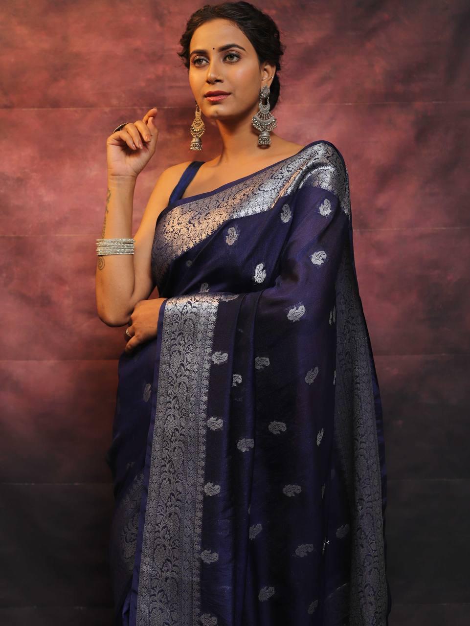 Pretty Navy Blue Soft Silk Saree With Adorning Blouse Piece