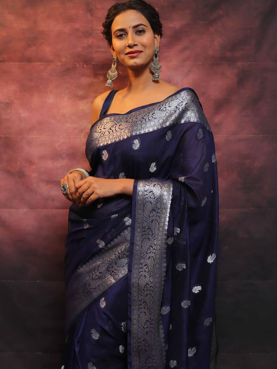 Pretty Navy Blue Soft Silk Saree With Adorning Blouse Piece