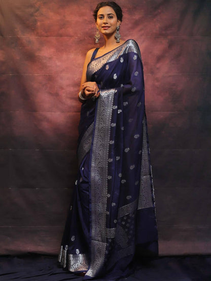 Pretty Navy Blue Soft Silk Saree With Adorning Blouse Piece