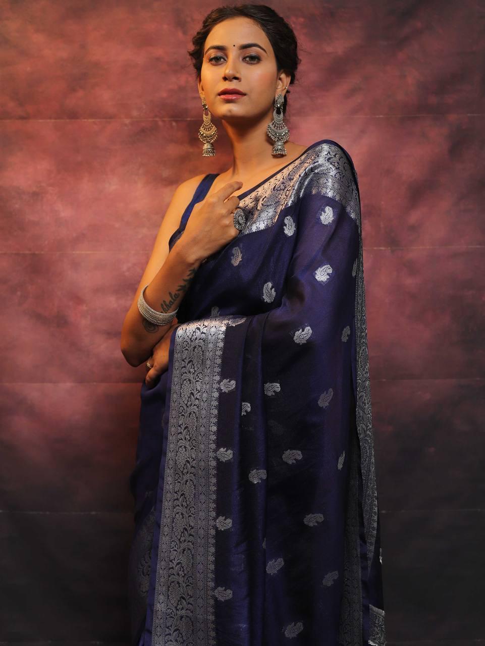 Pretty Navy Blue Soft Silk Saree With Adorning Blouse Piece