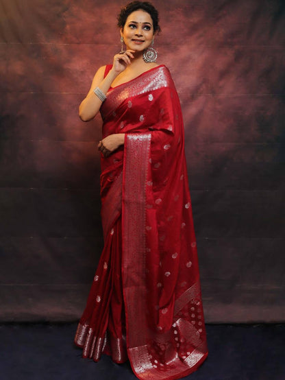 Appealing Red Soft Silk Saree With Blooming Blouse Piece