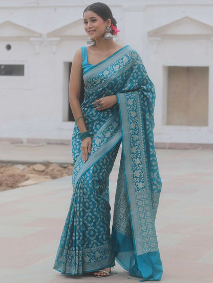 Extraordinary Firozi Soft Silk Saree With Lovely Blouse Piece