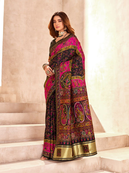 Tantalizing Black Nylon Dola Pashmina Saree With Beauteous Blouse Piece