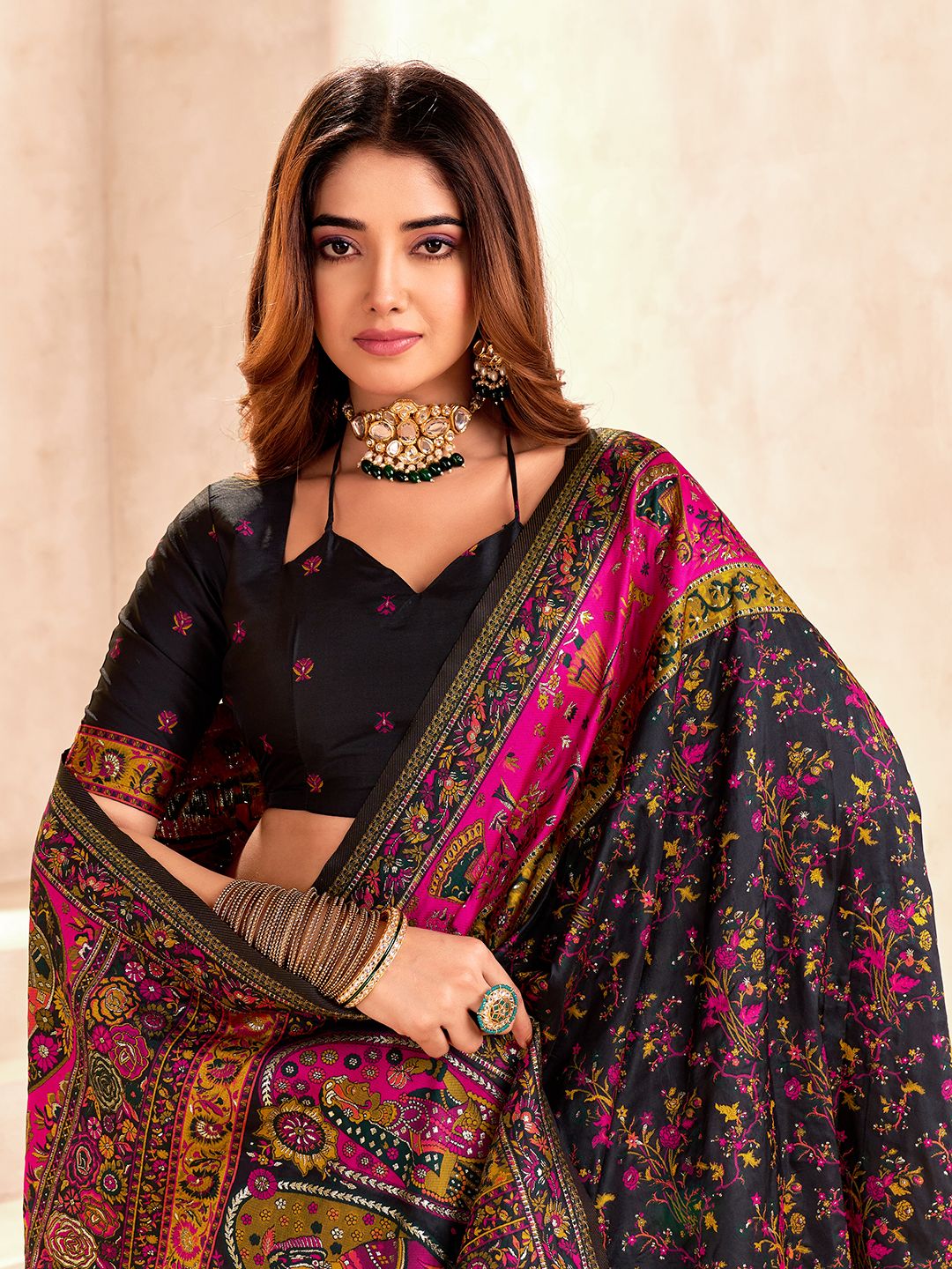 Tantalizing Black Nylon Dola Pashmina Saree With Beauteous Blouse Piece