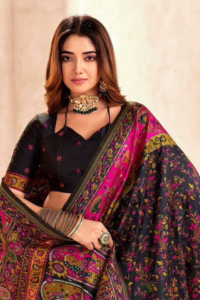 Tantalizing Black Nylon Dola Pashmina Saree With Beauteous Blouse Piece