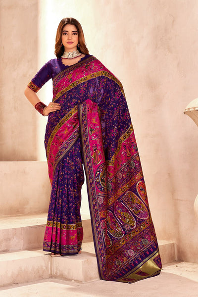 Ethnic Blue Nylon Dola Pashmina Saree With Assemblage Blouse Piece