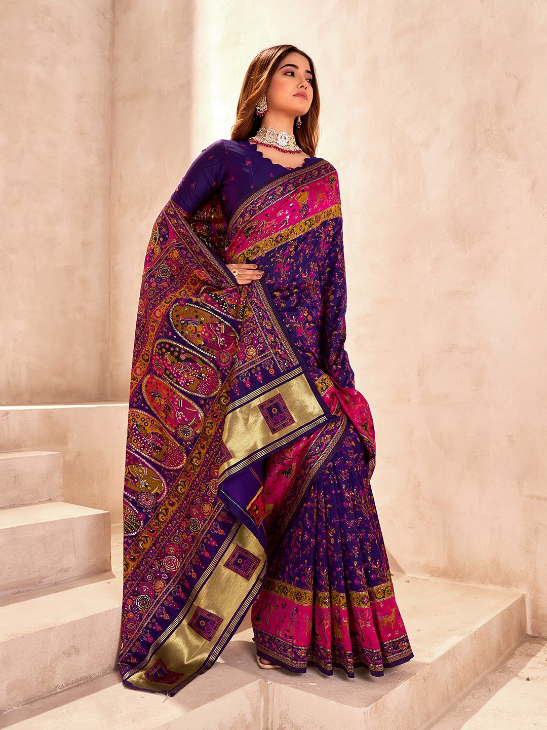 Ethnic Blue Nylon Dola Pashmina Saree With Assemblage Blouse Piece