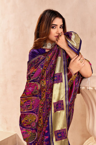 Ethnic Blue Nylon Dola Pashmina Saree With Assemblage Blouse Piece