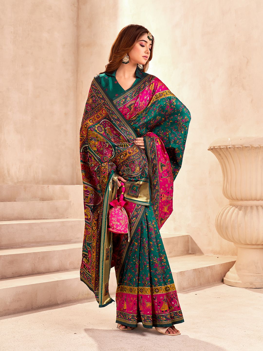 Lustrous Dark Green Nylon Dola Pashmina Saree With Devastating Blouse Piece