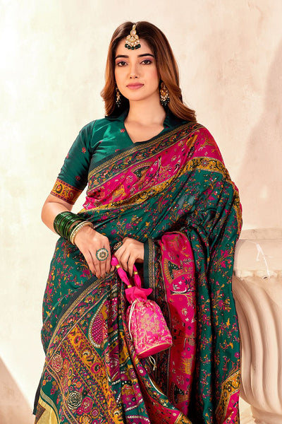 Lustrous Dark Green Nylon Dola Pashmina Saree With Devastating Blouse Piece