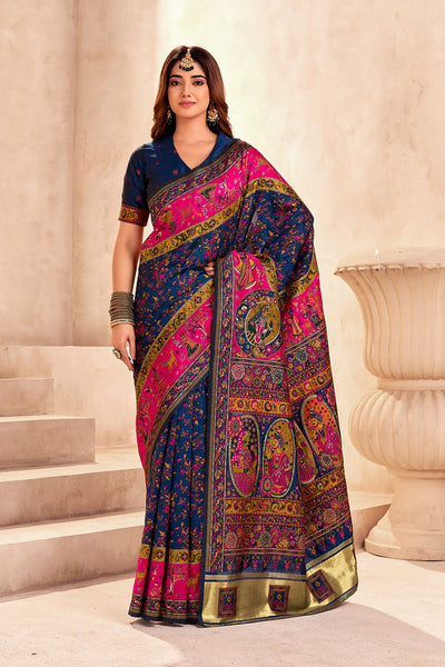 Radiant Navy Blue Nylon Dola Pashmina Saree With Luminous Blouse Piece