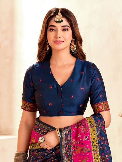 Radiant Navy Blue Nylon Dola Pashmina Saree With Luminous Blouse Piece