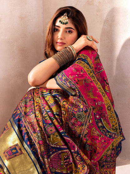 Radiant Navy Blue Nylon Dola Pashmina Saree With Luminous Blouse Piece