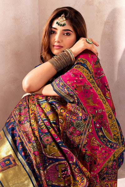 Radiant Navy Blue Nylon Dola Pashmina Saree With Luminous Blouse Piece