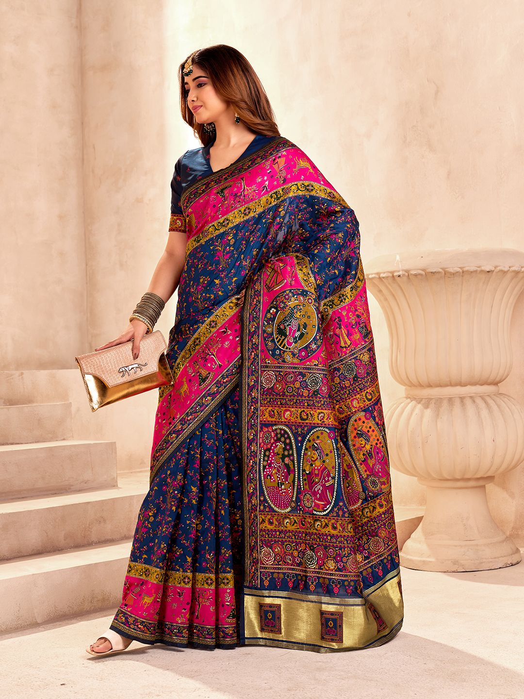 Radiant Navy Blue Nylon Dola Pashmina Saree With Luminous Blouse Piece