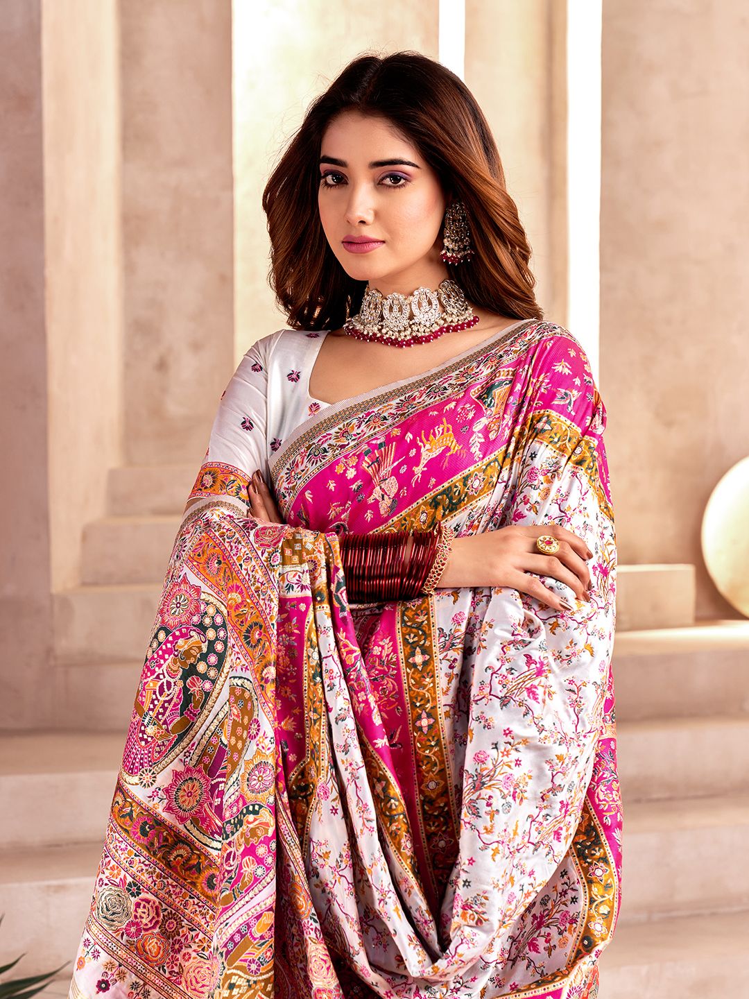 Incredible Off White Nylon Dola Pashmina Saree With Classic Blouse Piece