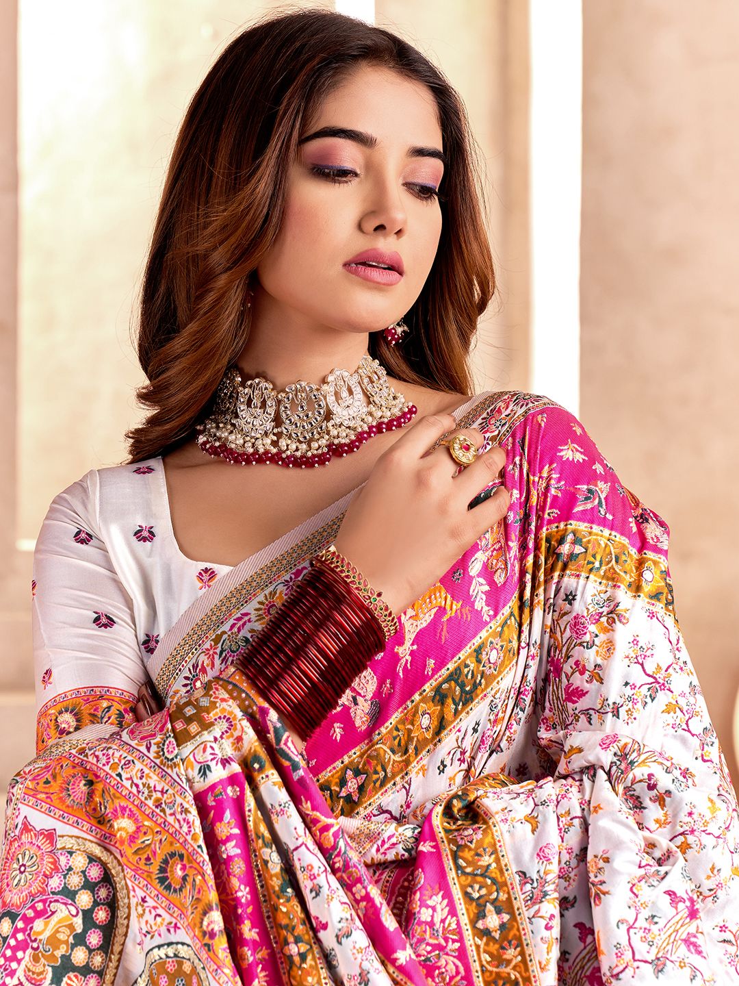 Incredible Off White Nylon Dola Pashmina Saree With Classic Blouse Piece