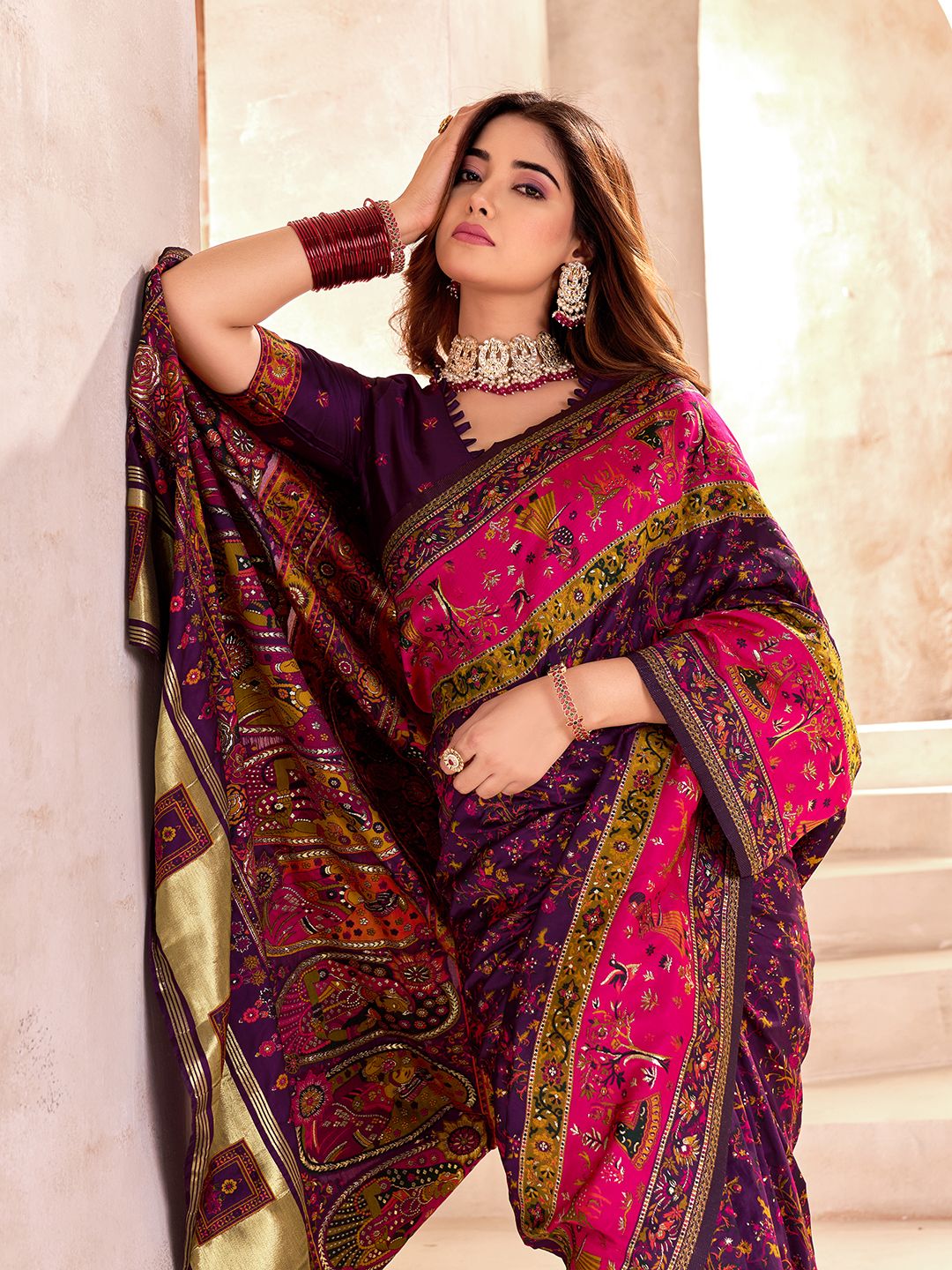 Prominent Purple Nylon Dola Pashmina Saree With Entrancing Blouse Piece