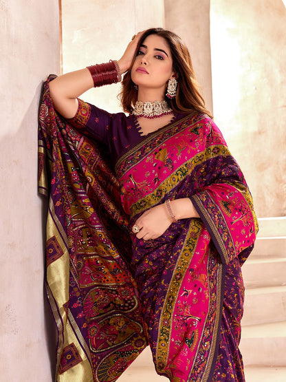 Prominent Purple Nylon Dola Pashmina Saree With Entrancing Blouse Piece