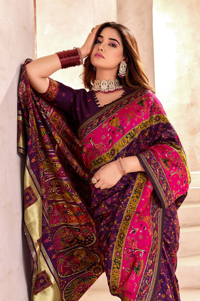 Prominent Purple Nylon Dola Pashmina Saree With Entrancing Blouse Piece