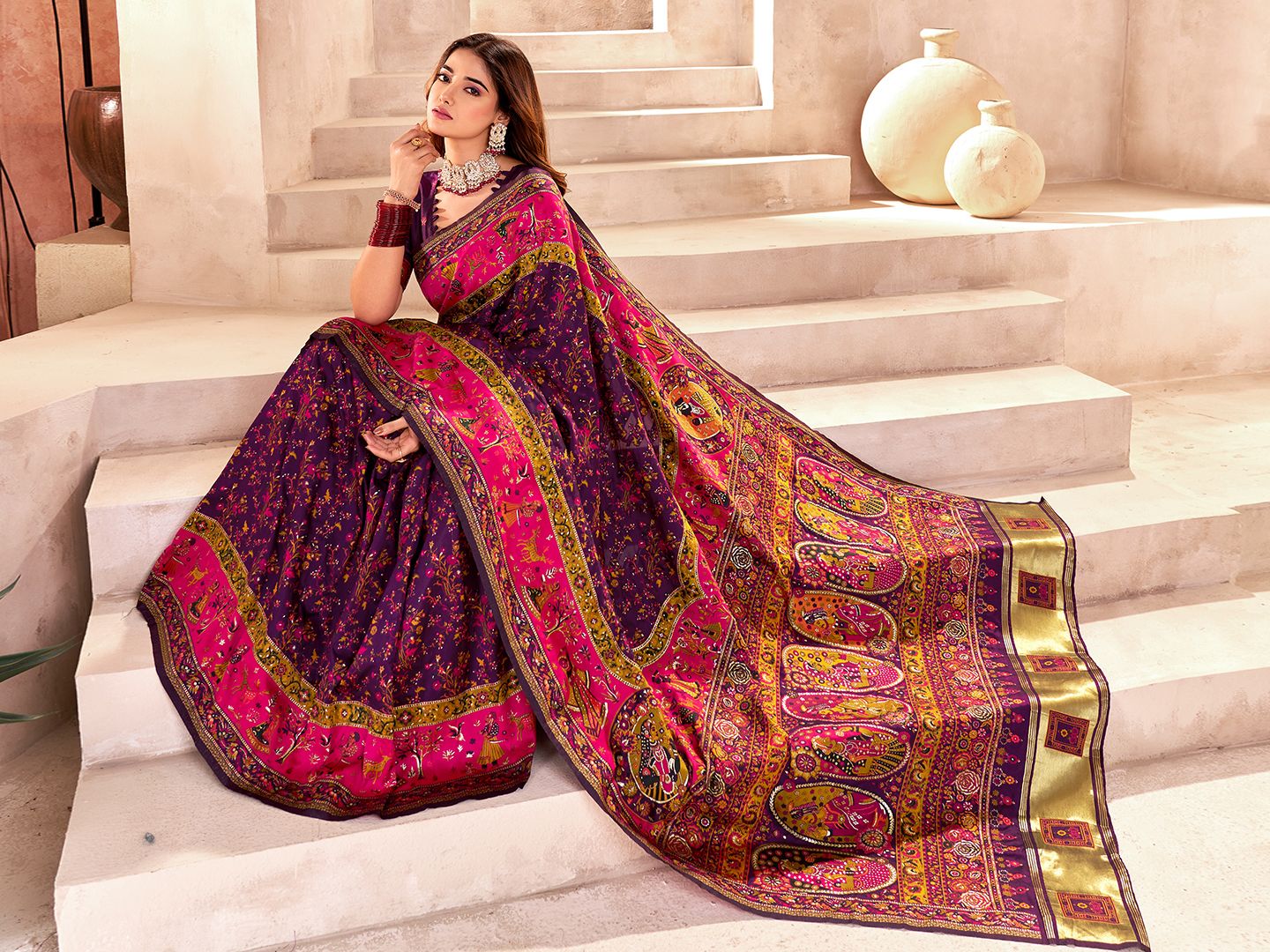Prominent Purple Nylon Dola Pashmina Saree With Entrancing Blouse Piece