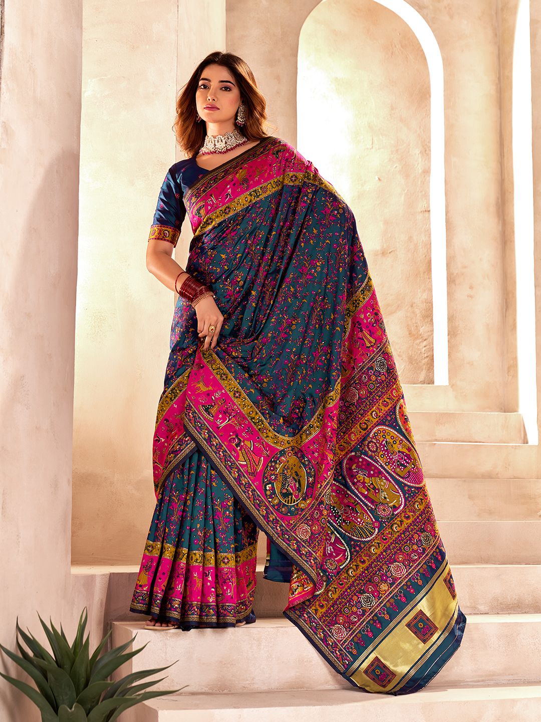 Refreshing Rama Nylon Dola Pashmina Saree With Scrumptious Blouse Piece