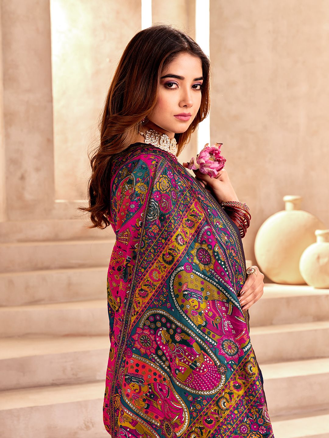 Refreshing Rama Nylon Dola Pashmina Saree With Scrumptious Blouse Piece