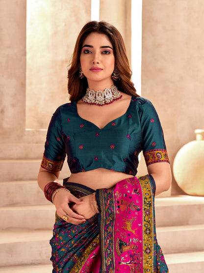 Refreshing Rama Nylon Dola Pashmina Saree With Scrumptious Blouse Piece