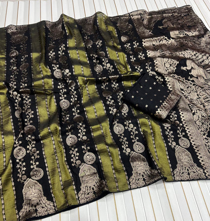 Woebegone Black Soft Banarasi Tissue Silk Saree With Luminous Blouse Piece