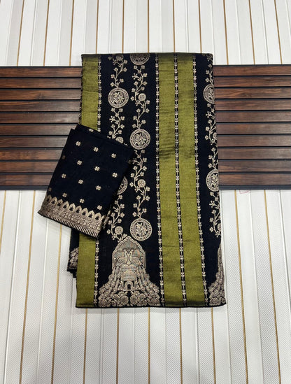 Woebegone Black Soft Banarasi Tissue Silk Saree With Luminous Blouse Piece