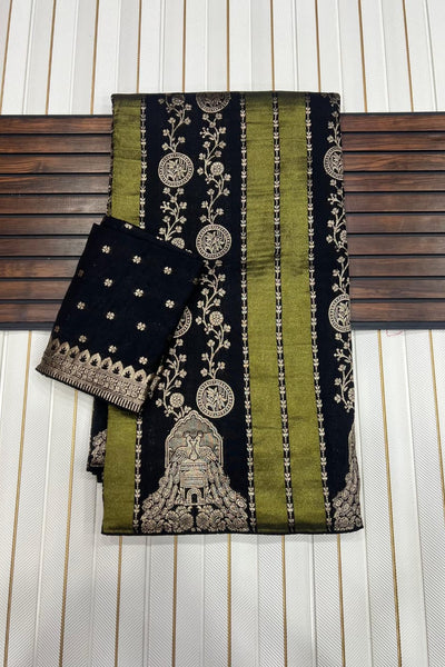 Woebegone Black Soft Banarasi Tissue Silk Saree With Luminous Blouse Piece