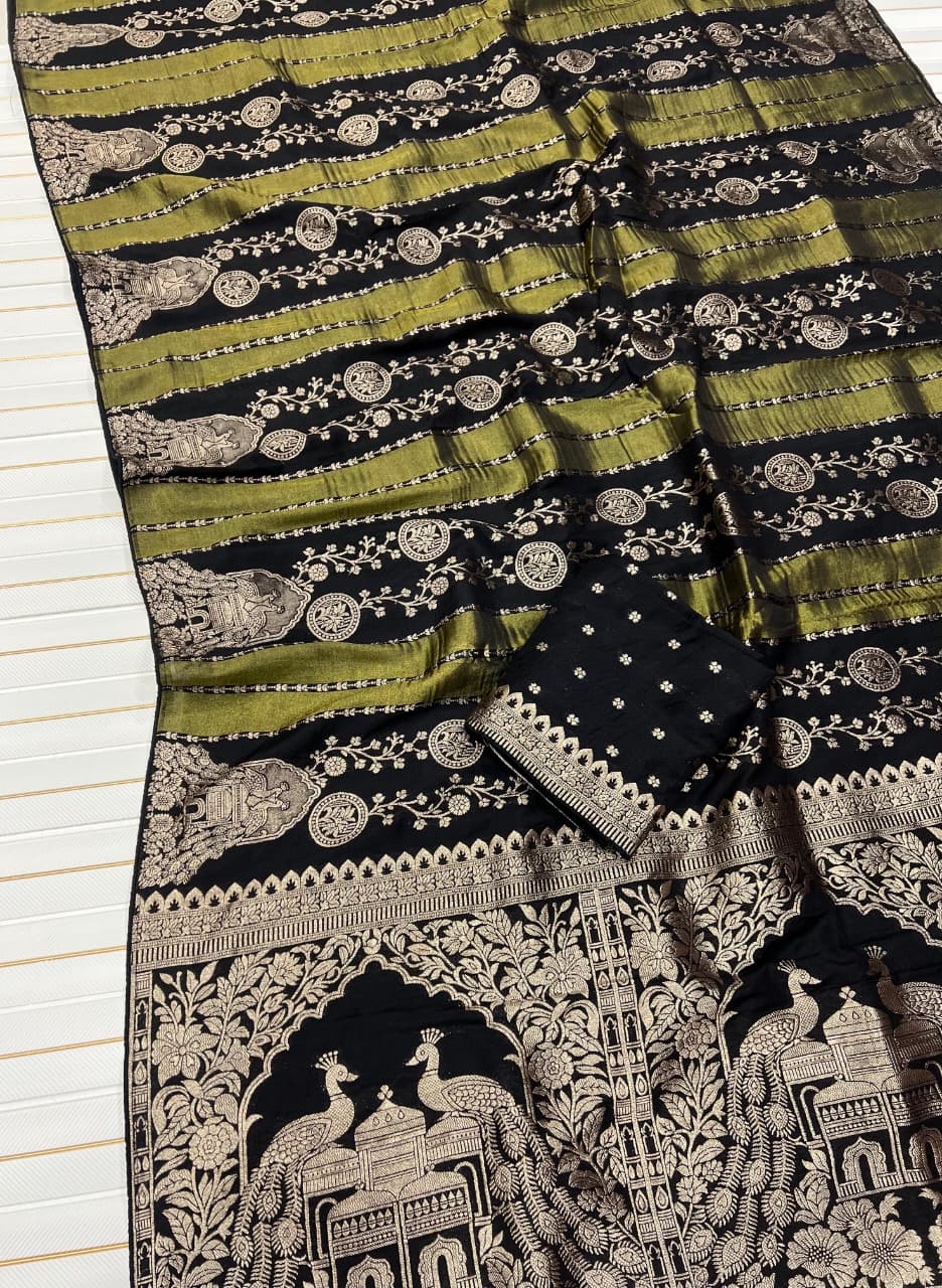 Woebegone Black Soft Banarasi Tissue Silk Saree With Luminous Blouse Piece