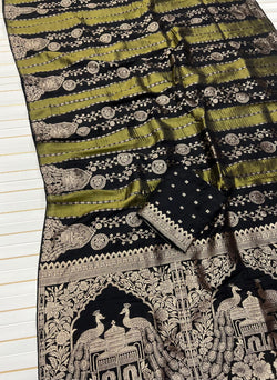 Woebegone Black Soft Banarasi Tissue Silk Saree With Luminous Blouse Piece