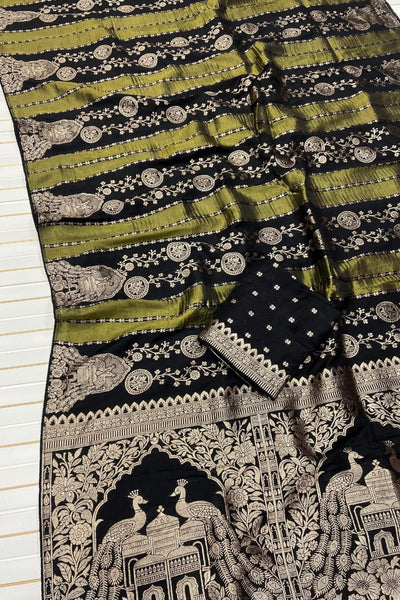 Woebegone Black Soft Banarasi Tissue Silk Saree With Luminous Blouse Piece